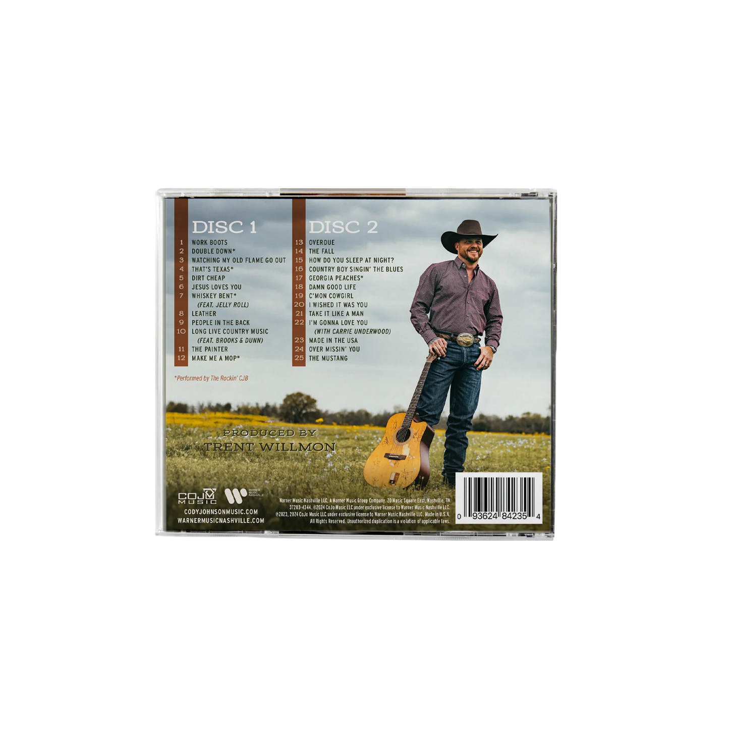 CD case with a man holding a guitar in a field, featuring disc labels and a barcode. Cody Johnson COJO