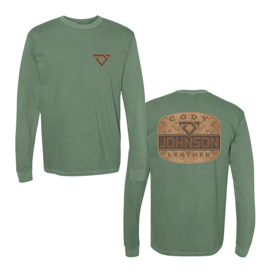 Green long-sleeve shirt with 'Cody Johnson Leather' logo on a white background
