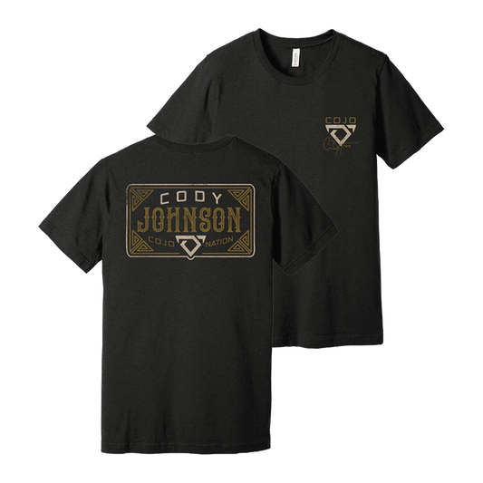 Black t-shirt with gold and white graphics on a white background Cody Johnson COJO
