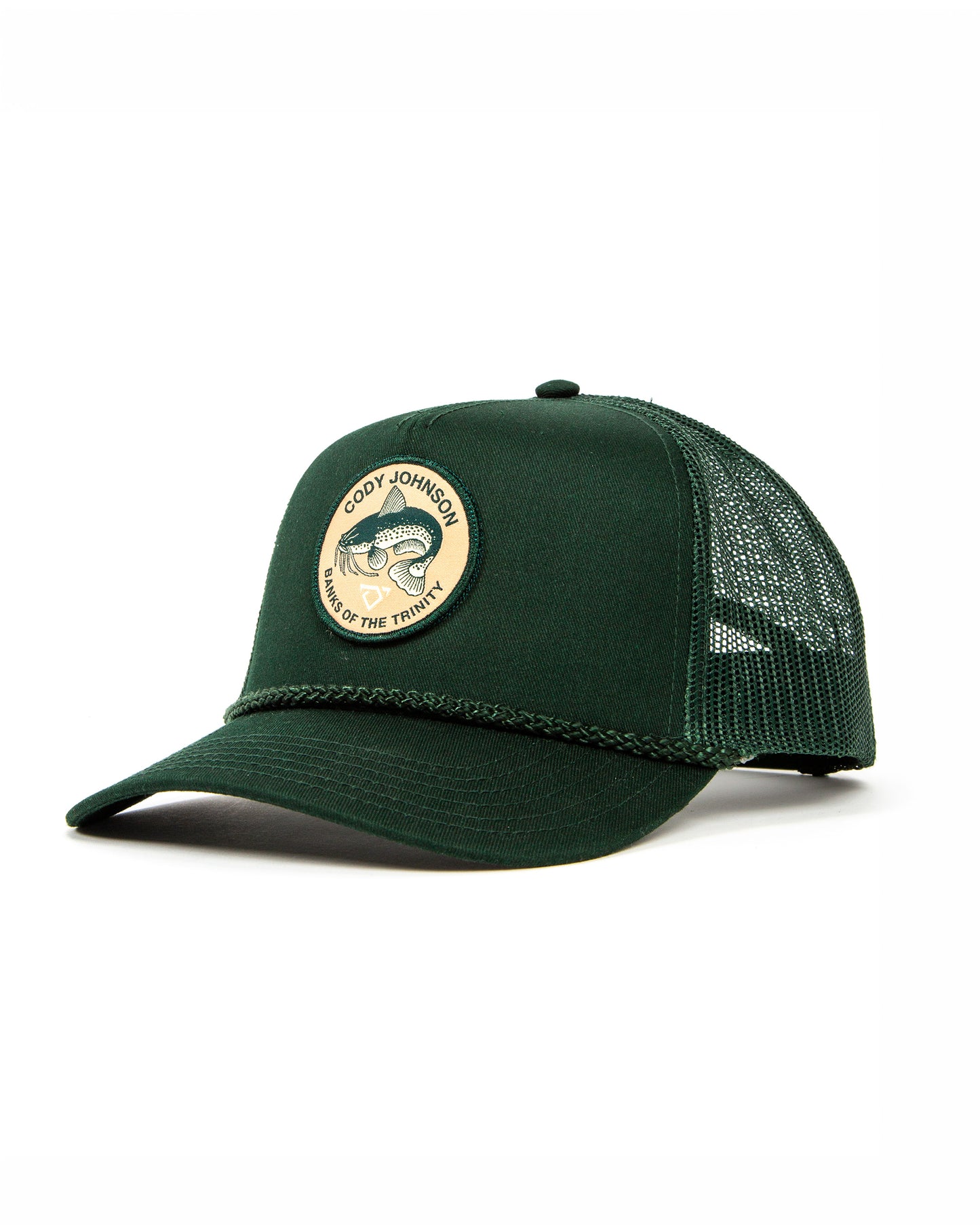Green cap with a custom round Cody Johnson patch with a catfish and Banks of the Trinity text