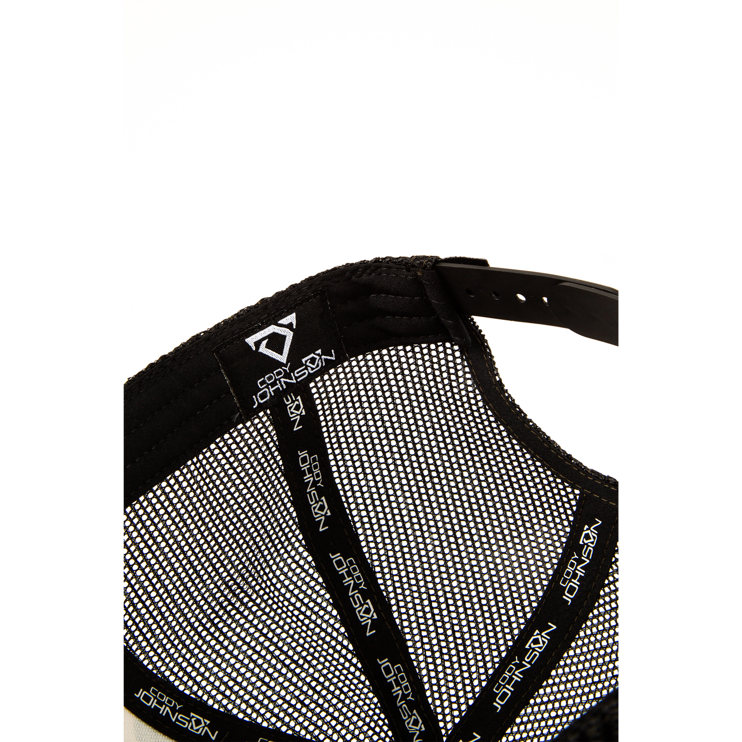 Black and white mesh protective vest with branding on a white background