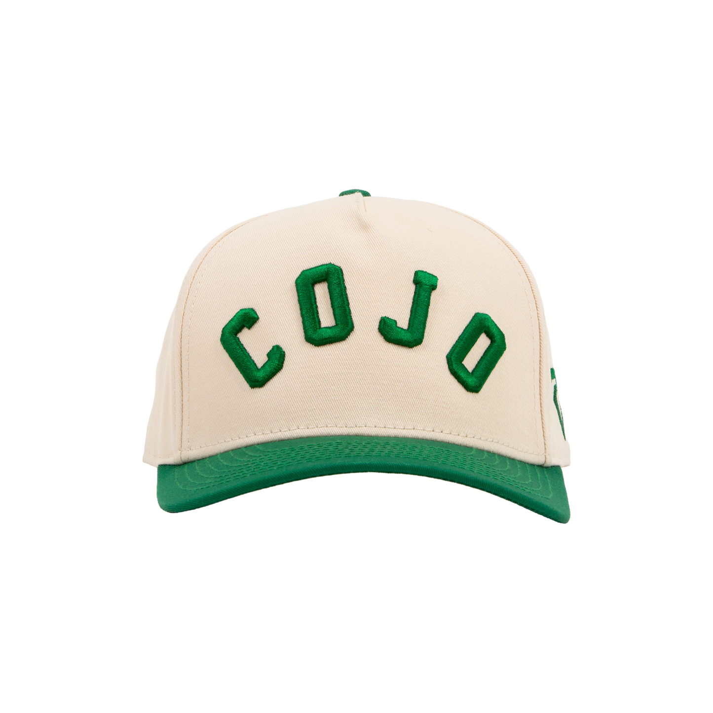 Beige and green cap with 'COJO' branding embroidered on the front