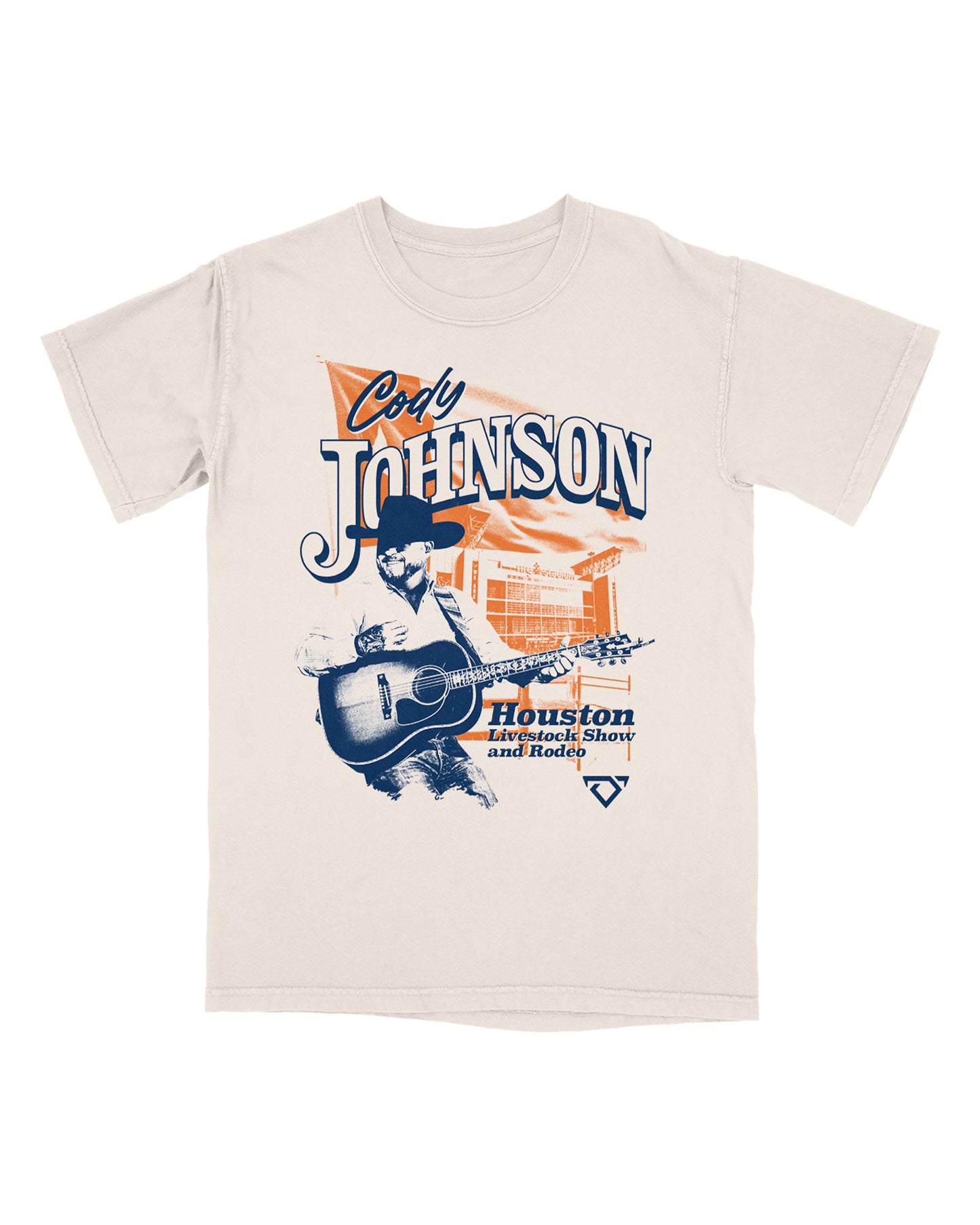 Beige t-shirt with graphic design of a person playing guitar and text on a white background