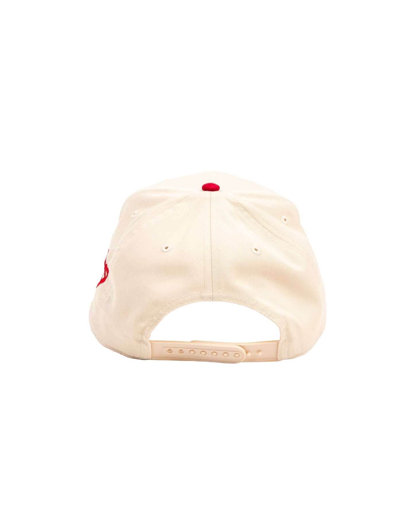 Beige cap with a red logo on a white background