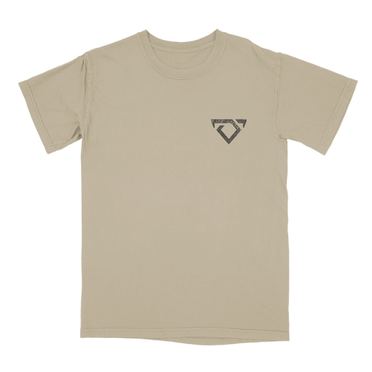 Beige t-shirt with a black geometric logo on a white background