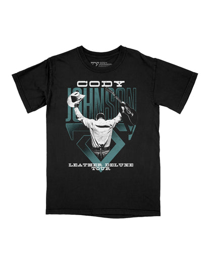 Black t-shirt with graphic design and text on a white background