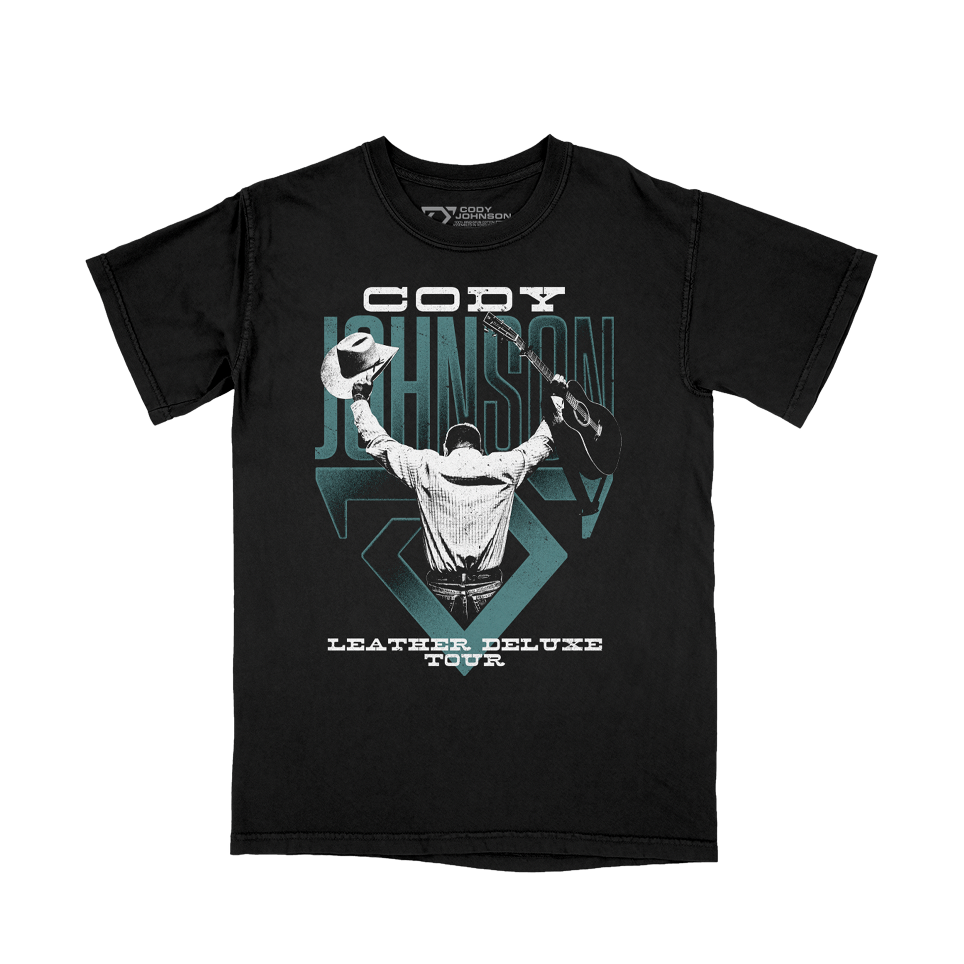 Black t-shirt with graphic design and text on a white background. Cody Johnson holding cowboy hat and guitar