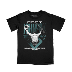 Black t-shirt with graphic design and text on a white background. Cody Johnson holding cowboy hat and guitar