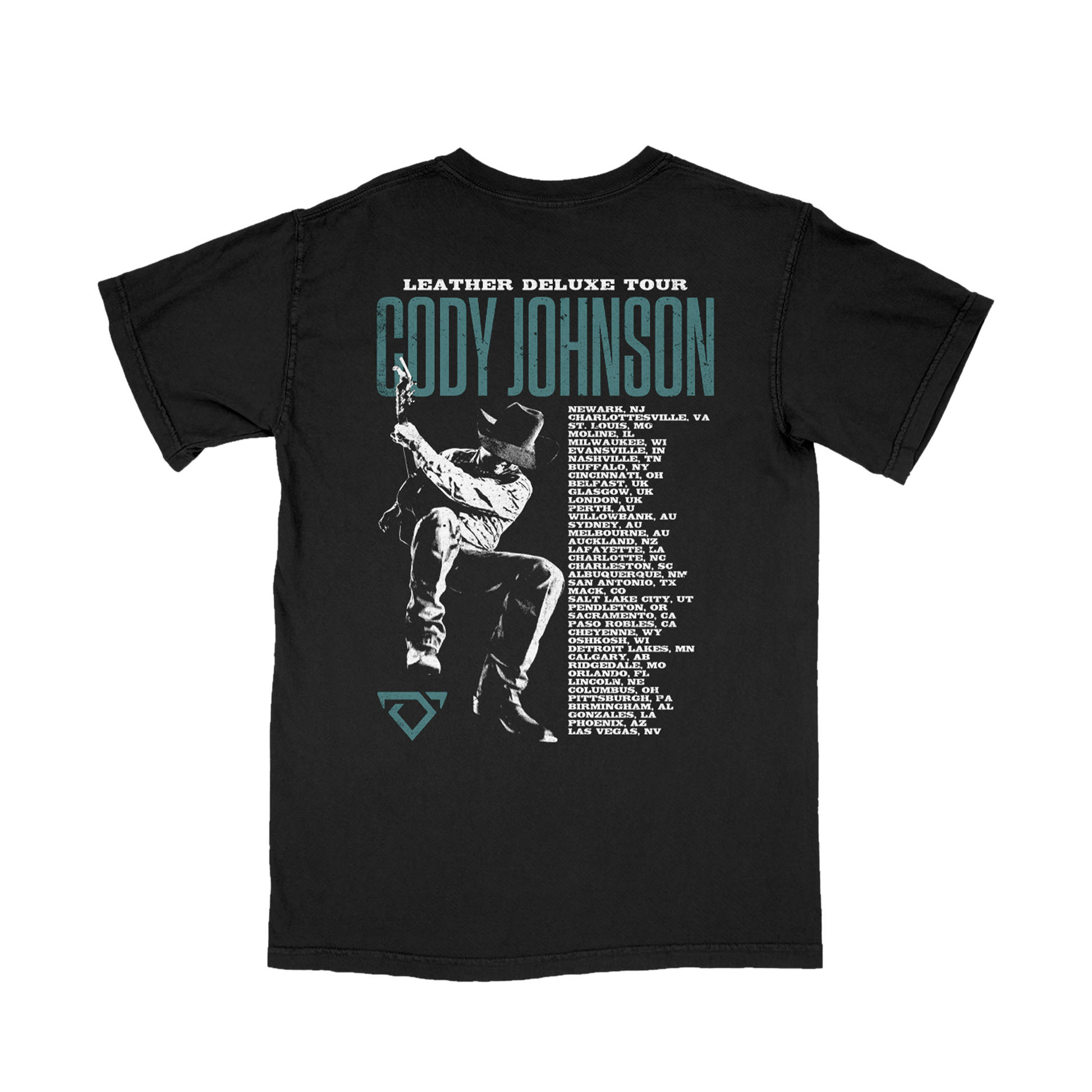 Black t-shirt with graphic design and text on the back, featuring a silhouette and event details.