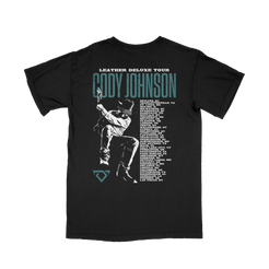 Black t-shirt with graphic design and text on the back, featuring a silhouette and event details.