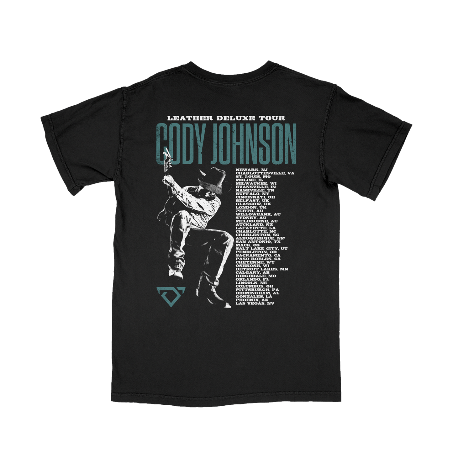 Black t-shirt with graphic design and text on the back, featuring a silhouette and event details.