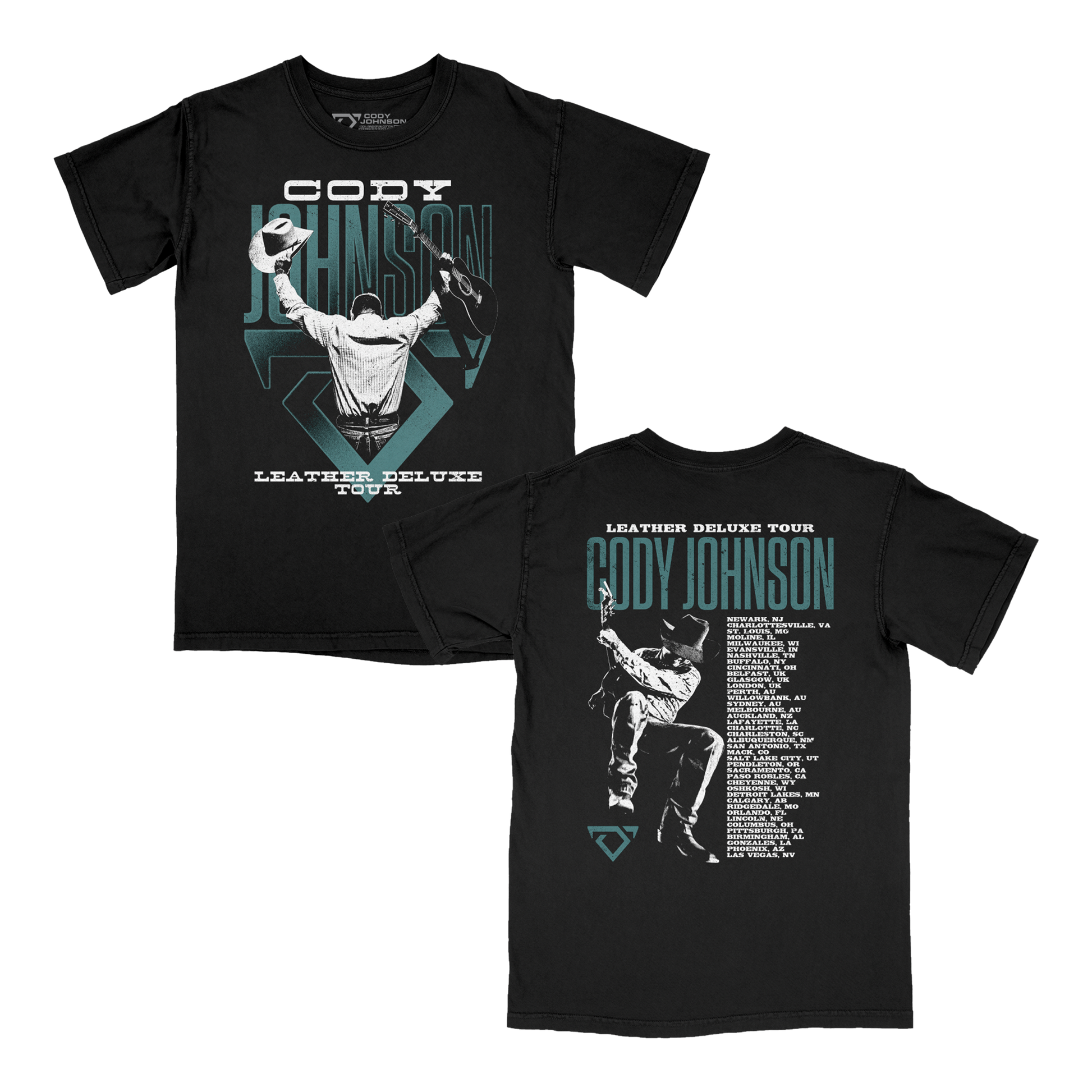 Black tour t-shirt with Cody Johnson live show photo graphic and text on the front and back