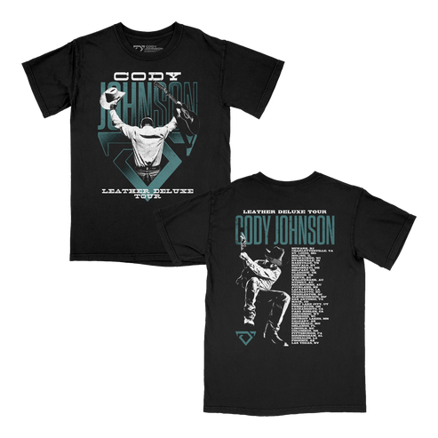 Black tour t-shirt with Cody Johnson live show photo graphic and text on the front and back