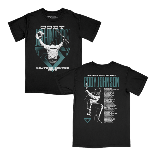 Black tour t-shirt with Cody Johnson live show photo graphic and text on the front and back
