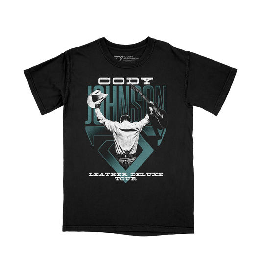 Black t-shirt with graphic design and text on a white background. Cody Johnson holding cowboy hat and guitar