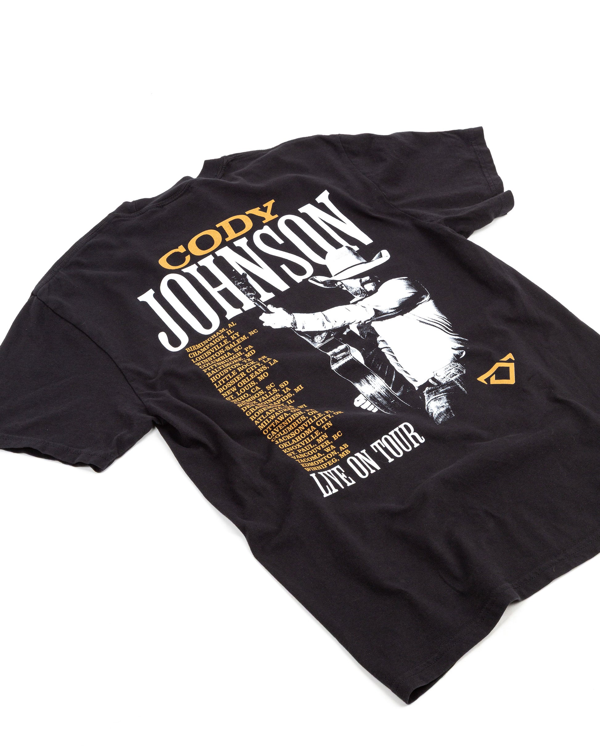 Black t-shirt with 'Cody Johnson' and 'Live on Tour' text on a white background