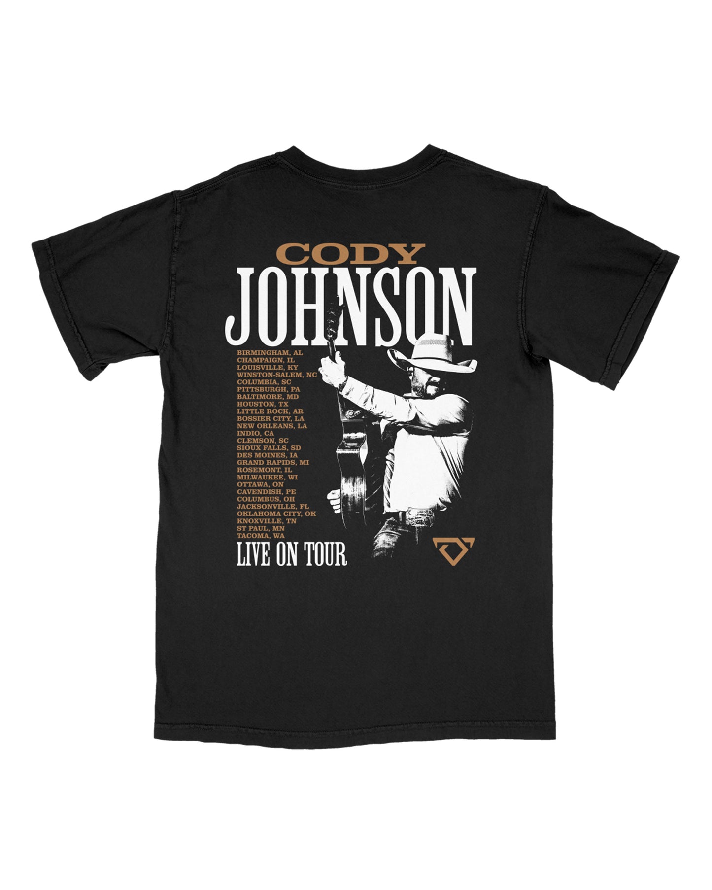 Black t-shirt with Cody Johnson graphic and 'Live on Tour' text on a white background