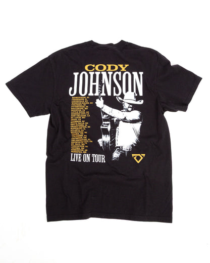 Black t-shirt with 'Cody Johnson Live on Tour' graphic on a white background