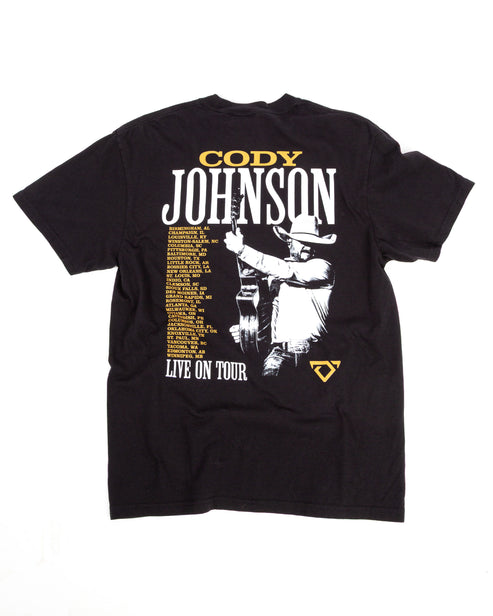Black t-shirt with 'Cody Johnson Live on Tour' graphic on a white background