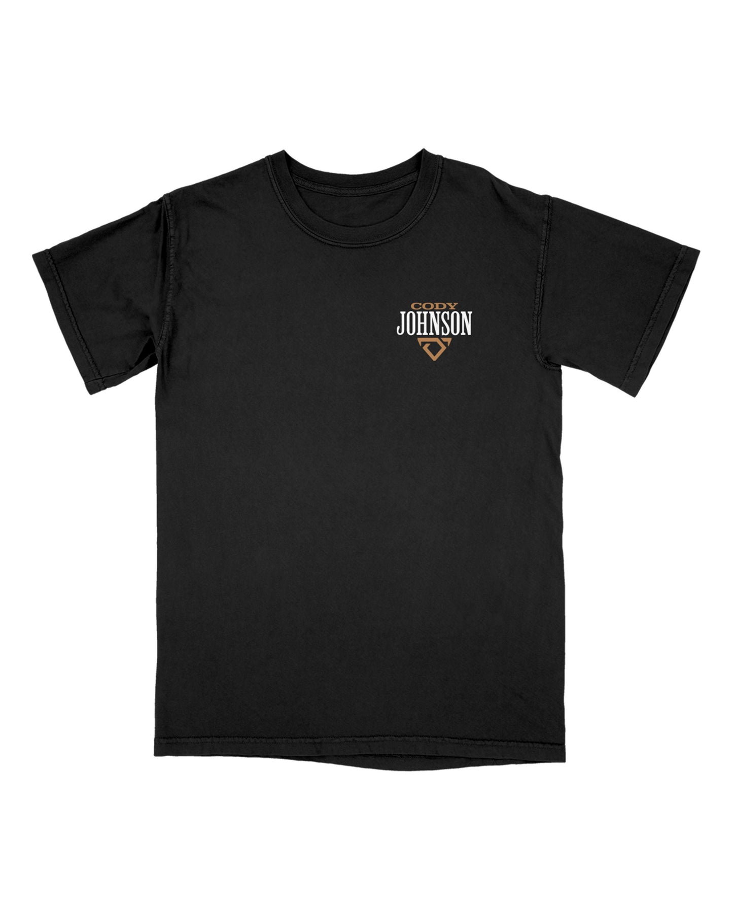 Black t-shirt with a logo and text on a white background