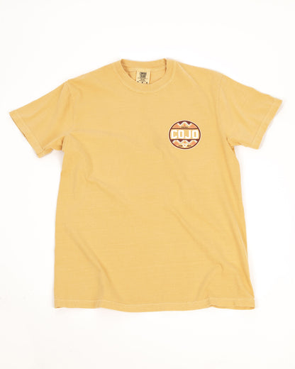 Yellow t-shirt with a logo on a white background