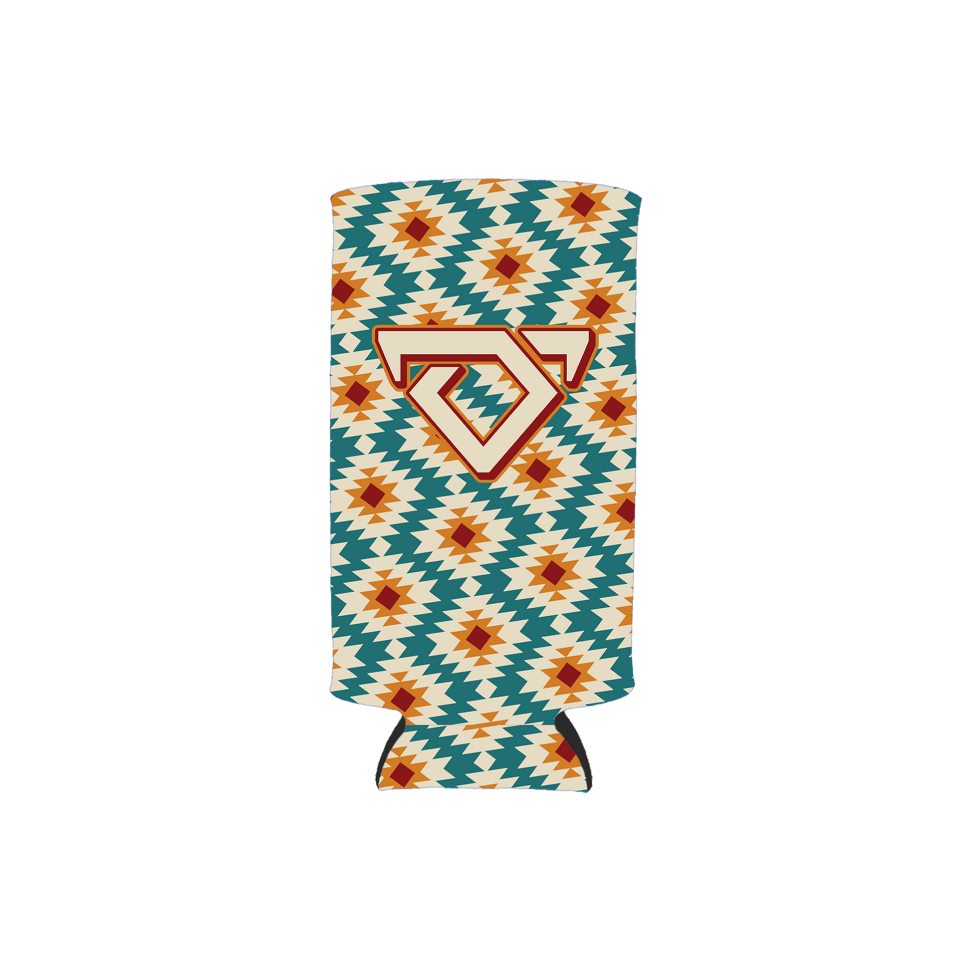 Multicolored geometric patterned can cooler with the Cody Johnson bull logo on the front