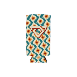 Multicolored geometric patterned can cooler with the Cody Johnson bull logo on the front