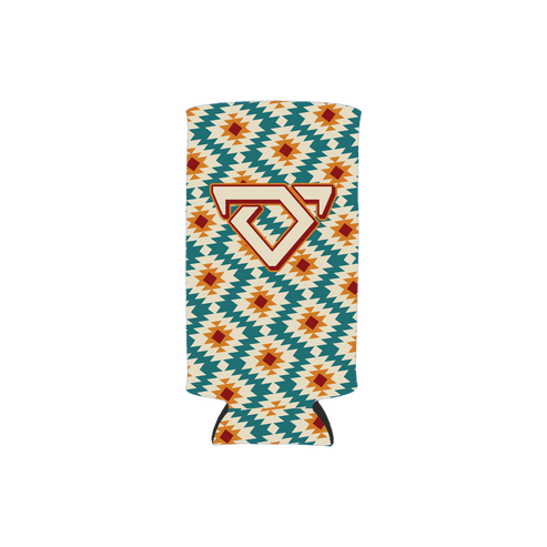 Multicolored geometric patterned can cooler with the Cody Johnson bull logo on the front