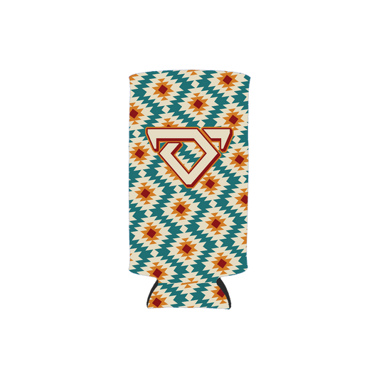 Multicolored geometric patterned can cooler with the Cody Johnson bull logo on the front