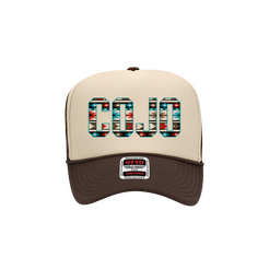 Beige and brown trucker hat with colorful 'COJO' text in aztec print on the front