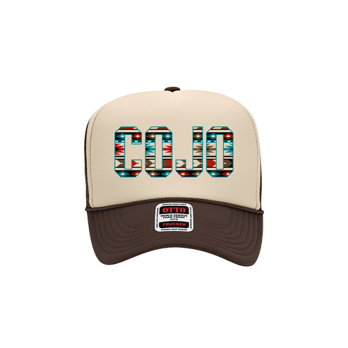 Beige and brown trucker hat with colorful 'COJO' text in aztec print on the front