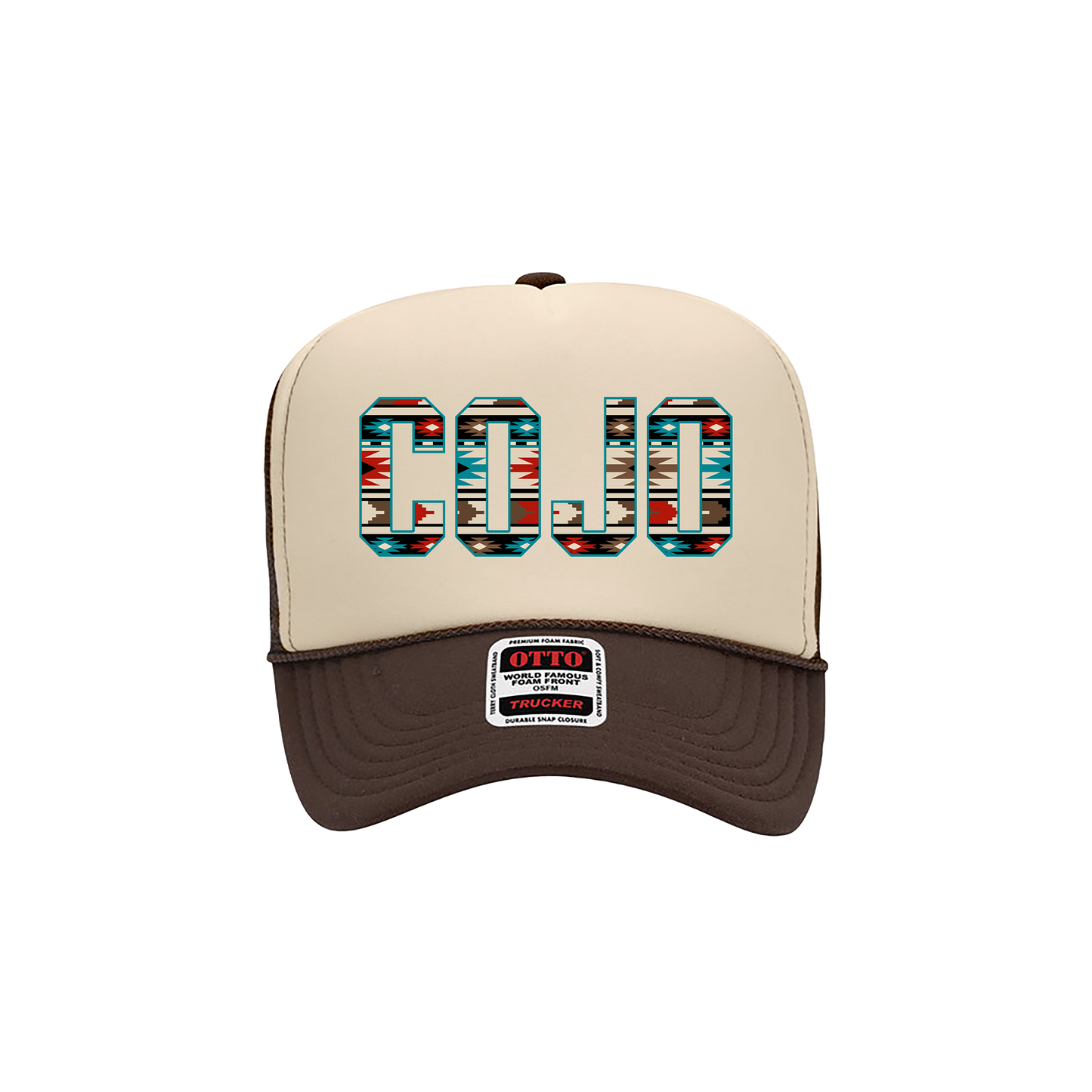 Beige and brown trucker hat with colorful 'COJO' text in aztec print on the front