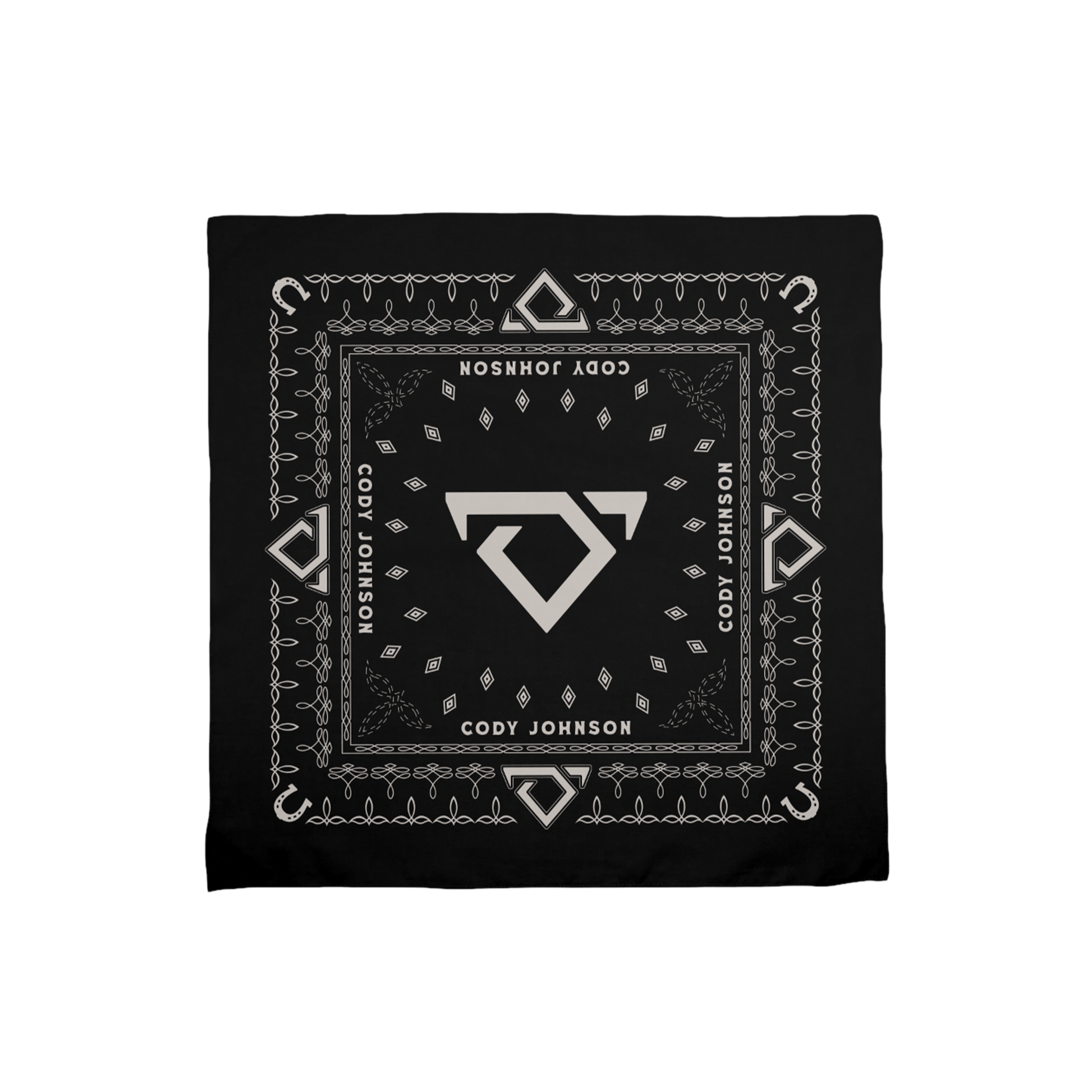 Black bandana with white patterns and Cody Johnson text and bull logo design