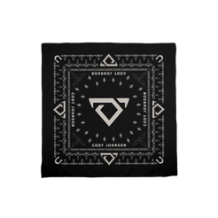 Black bandana with white patterns and Cody Johnson text and bull logo design