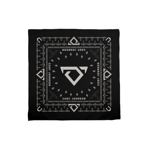 Black bandana with white patterns and Cody Johnson text and bull logo design