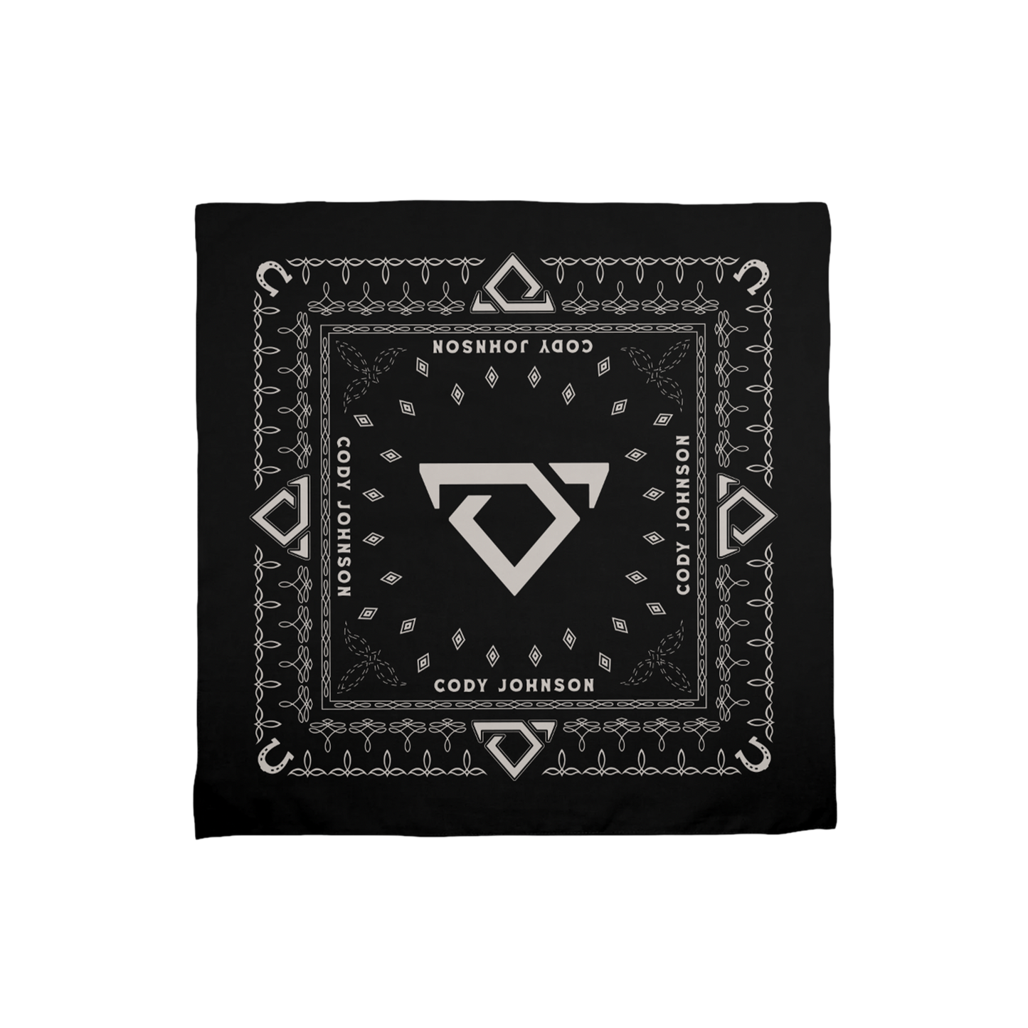 Black bandana with white patterns and Cody Johnson text and bull logo design