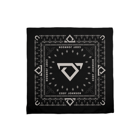 Black bandana with white patterns and Cody Johnson text and bull logo design