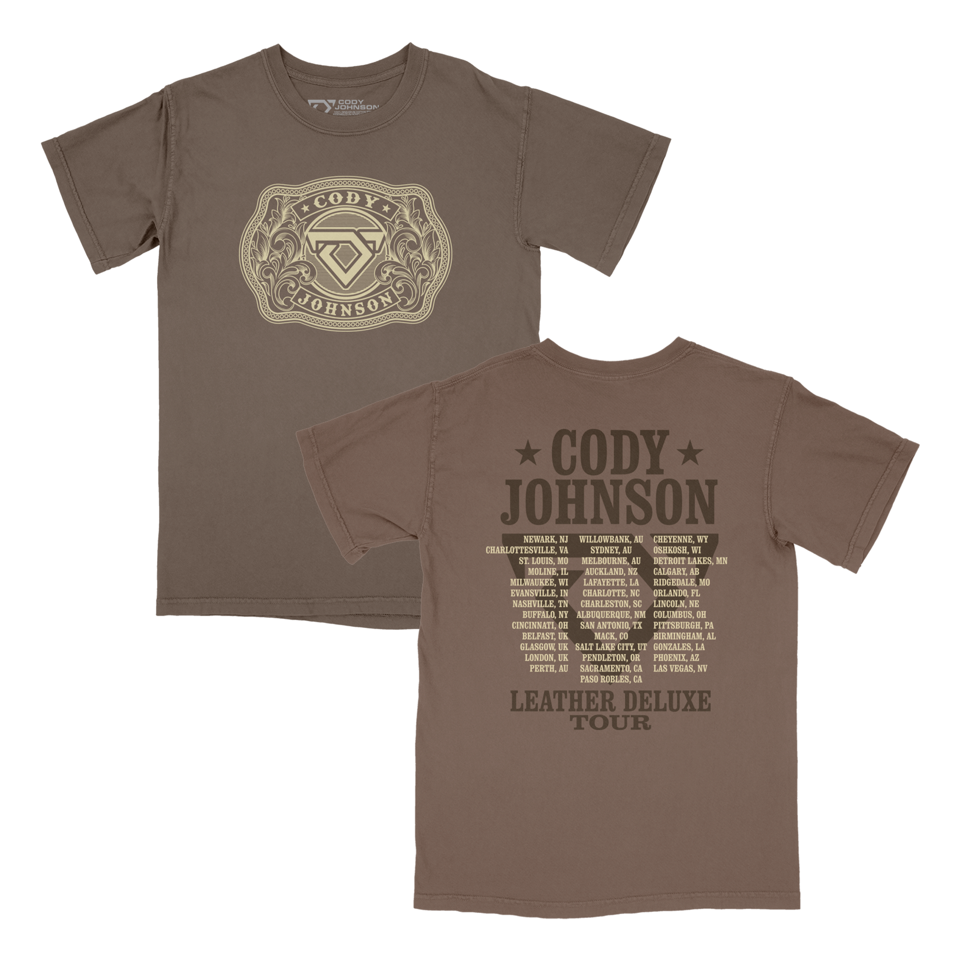 Brown t-shirt with 'Cody Johnson' belt buckle logo and tour cities on the back
