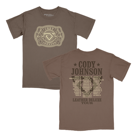 Brown t-shirt with 'Cody Johnson' belt buckle logo and tour cities on the back