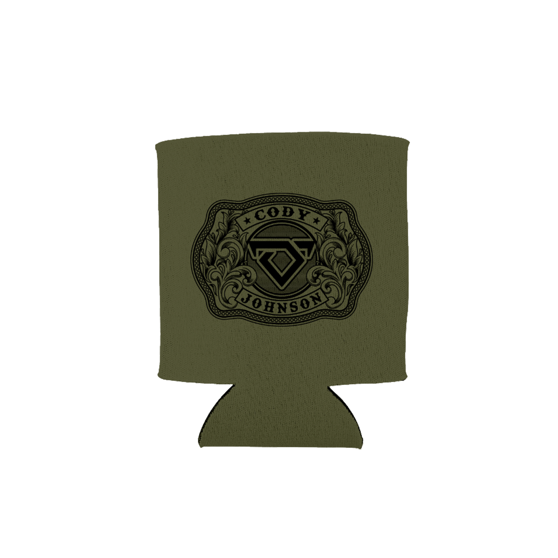 Army green can cooler with a black Cody Johnson buckle graphic on the front
