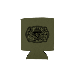 Army green can cooler with a black Cody Johnson buckle graphic on the front
