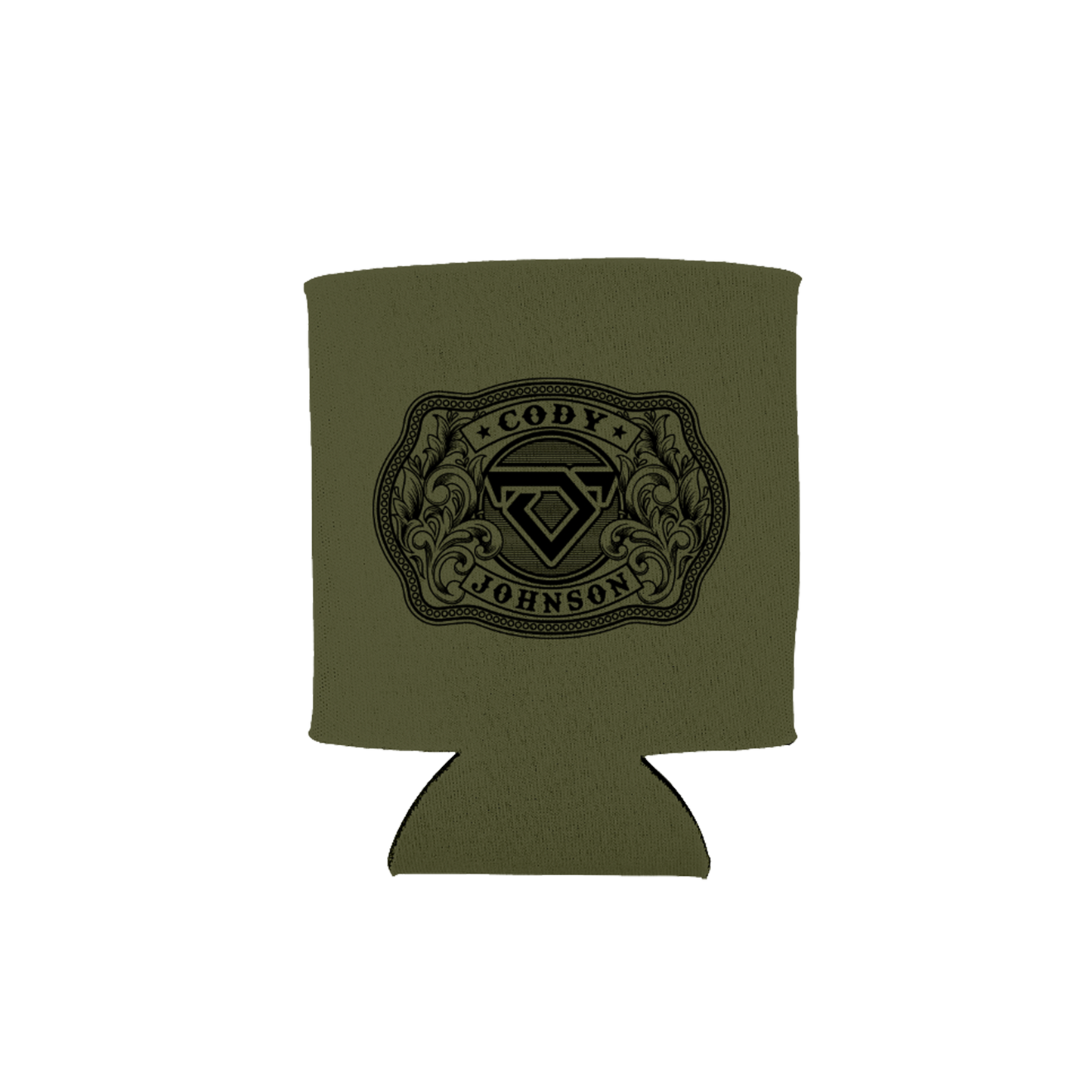 Army green can cooler with a black Cody Johnson buckle graphic on the front
