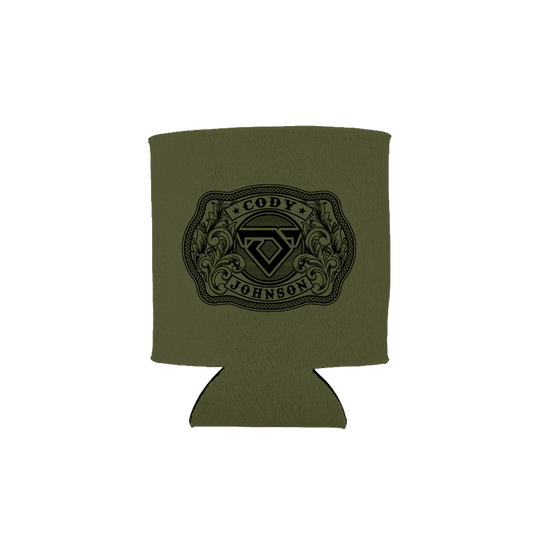 Army green can cooler with a black Cody Johnson buckle graphic on the front
