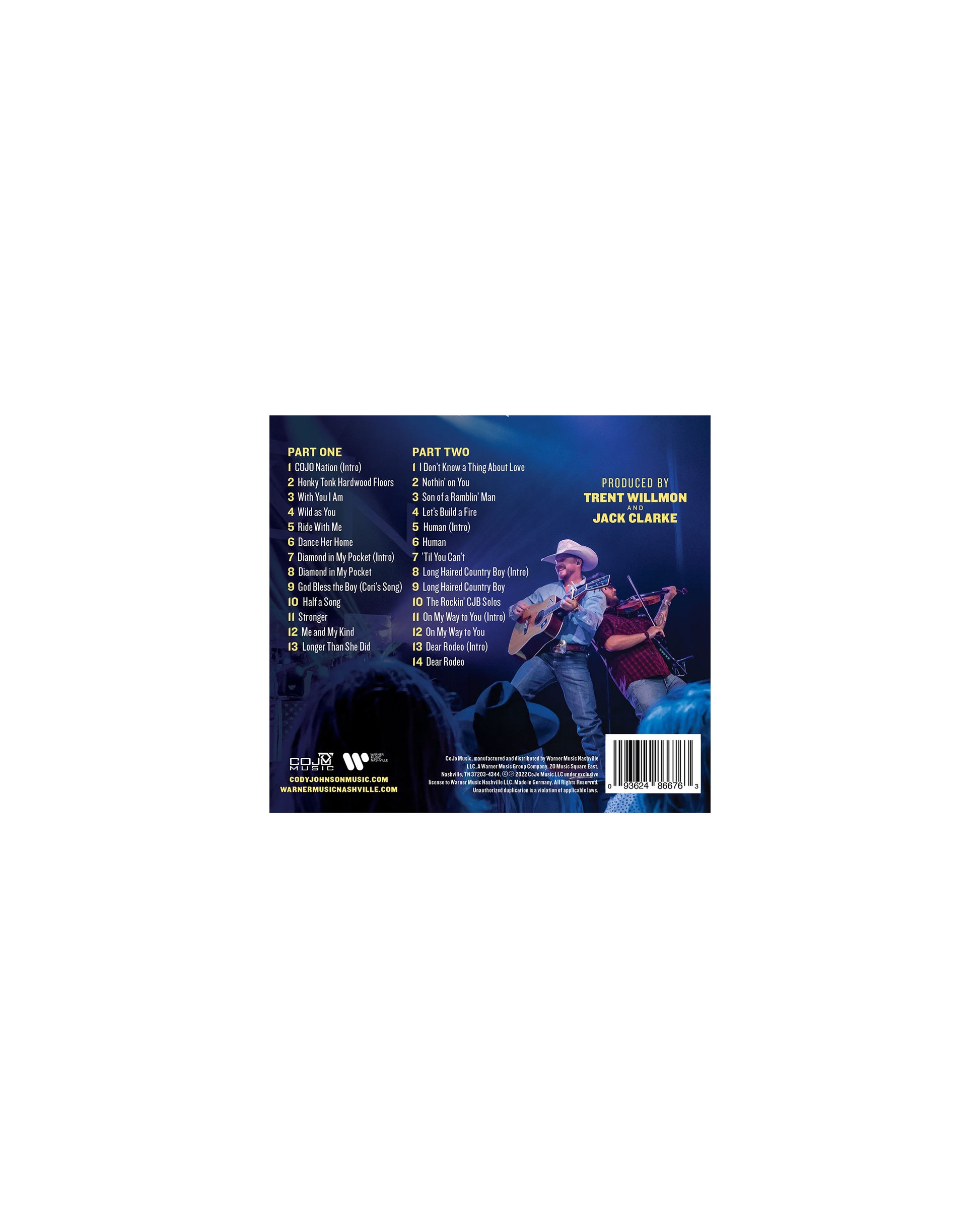 CD cover with a silhouette of a person playing guitar on a white background