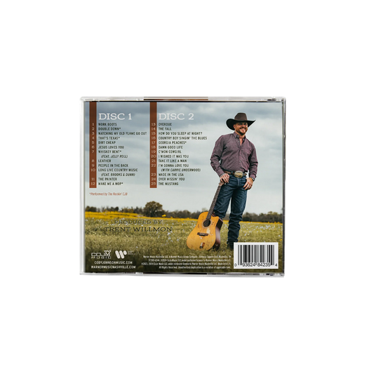CD case with a man holding a guitar in a field, featuring disc labels and a barcode. Cody Johnson COJO
