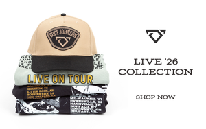 Cap and t-shirt set with 'Cody Johnson' branding and 'Live On Tour' text on a white background.