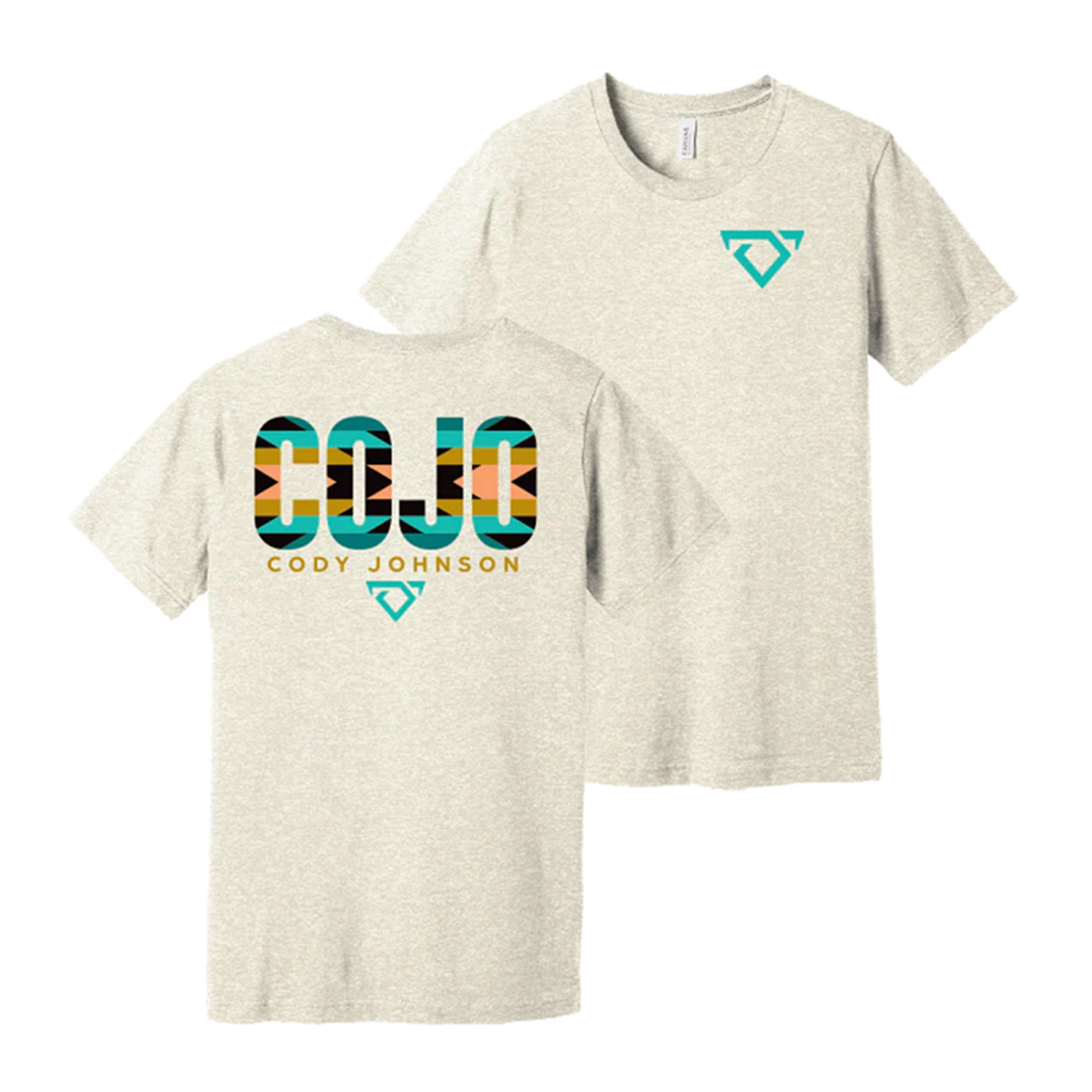 Beige t-shirt with colorful 'COJO' design and brand logo on a white background Cody Johnson
