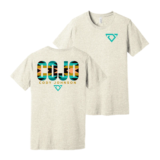 Beige t-shirt with colorful 'COJO' design and brand logo on a white background Cody Johnson