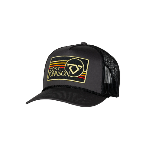Black trucker cap with a gold bull logo on a black background Cody Johnson COJO