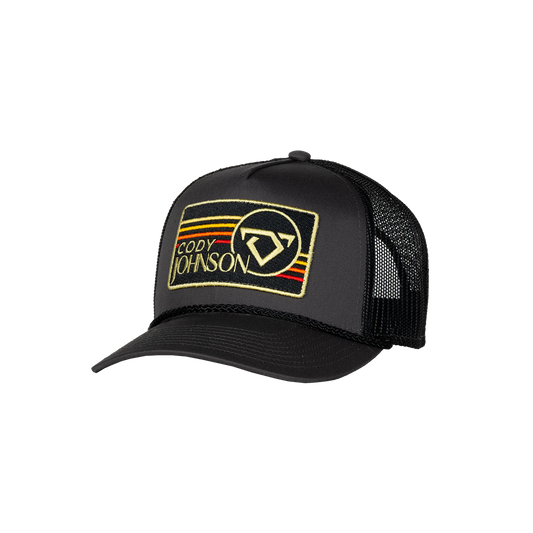 Black trucker cap with a gold bull logo on a black background Cody Johnson COJO